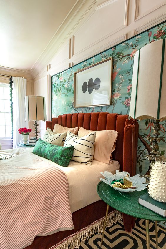 Deep Orange Velvet Headboard for Warm Contrast