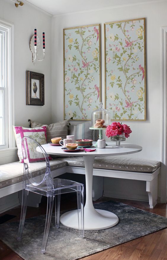 Two Tall Panels Add Botanical Art To A Dining Nook