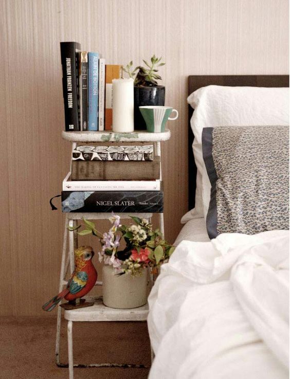 Repurposed Step Ladder Offers Tiered Bedside Display