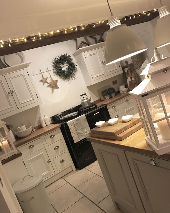 Cozy Glow Along Wooden Beams Above Cabinets