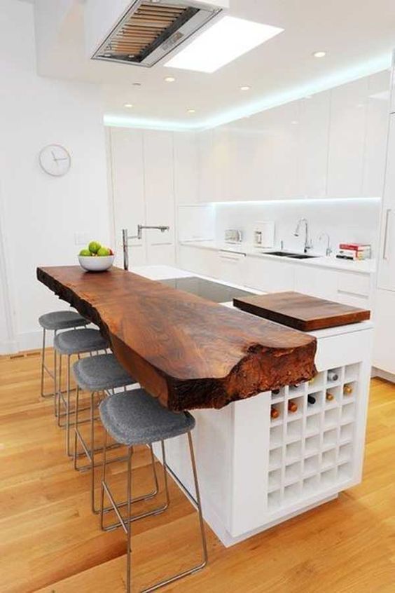 Live-Edge Wood Slab Extends Island for Casual Dining