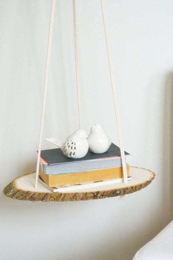 Hanging Wood Slice Shelf With Ceramic Bird Accents