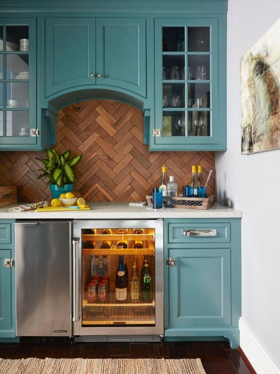 Herringbone Wood Backsplash Adds Warm Texture