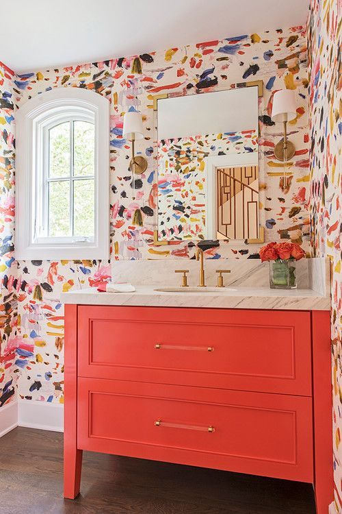 Coral Vanity With Clear Drawer Pulls Adds a Playful Touch
