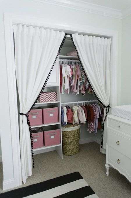 White Curtains With Pom-Pom Trim Frame Closet Doors