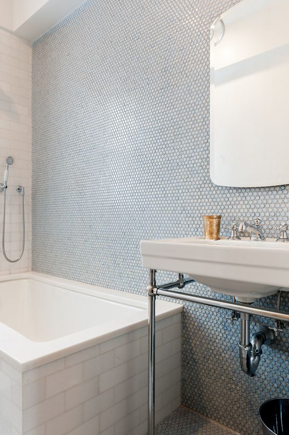 Pale Blue Penny Tile Walls Add Subtle Shine