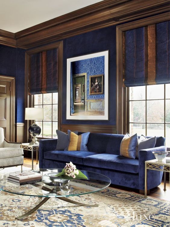 Frame Bold Blue Wallpaper and Art with Dark Wood Trim