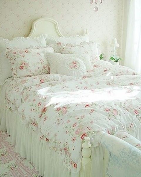 Layer Ruffles and Pink Roses on White Bedding