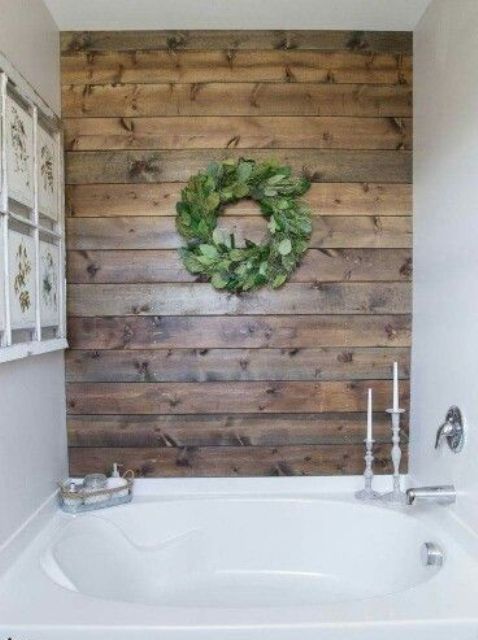 Green Leaf Wreath Softens Wood Plank Wall
