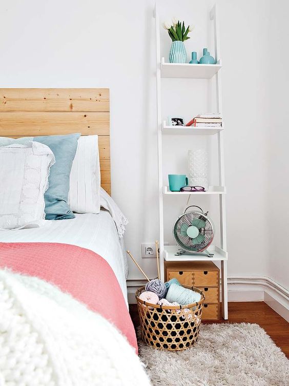 White Ladder Shelf Offers Tiered Bedside Display