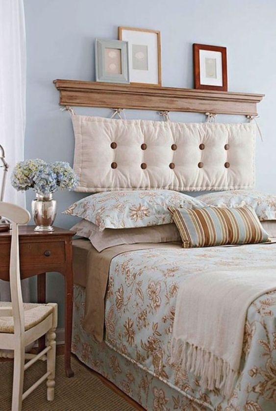 Tufted Pillow Headboard Hung From a Wooden Shelf
