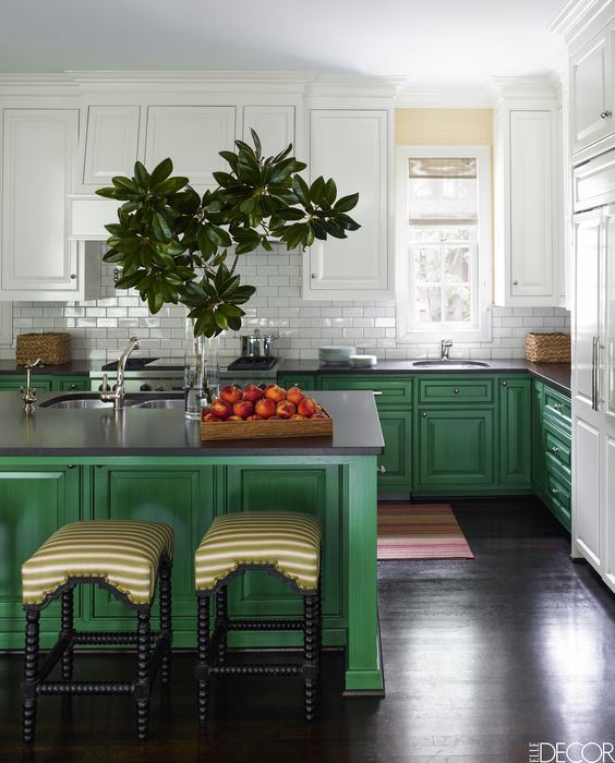 Green Kitchen Island With Striped Bar Stools Add Seating