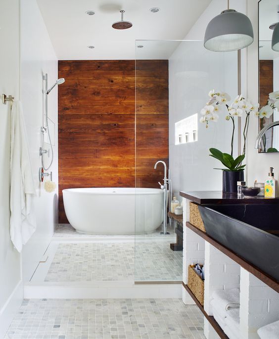 Warm Wood Paneling for a Spa-Like Shower Retreat