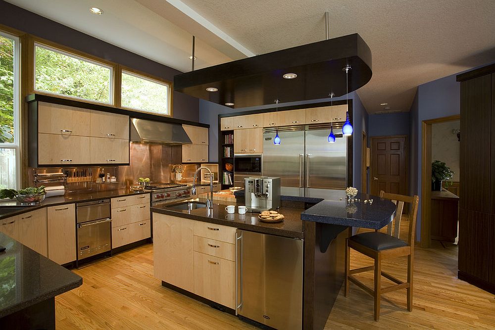 Blue Pendant Lights Add a Pop of Color Above Island