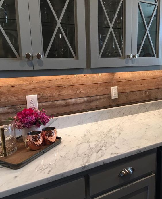 Reclaimed Wood Backsplash Adds Rustic Texture Above Countertops