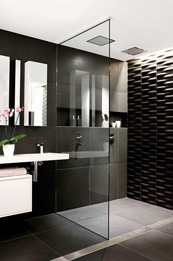 Choose Textured Black Tile for Dramatic Dimension on Shower Walls