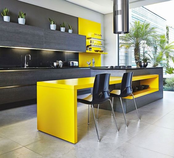 Bright Yellow Island with Built-In Shelving