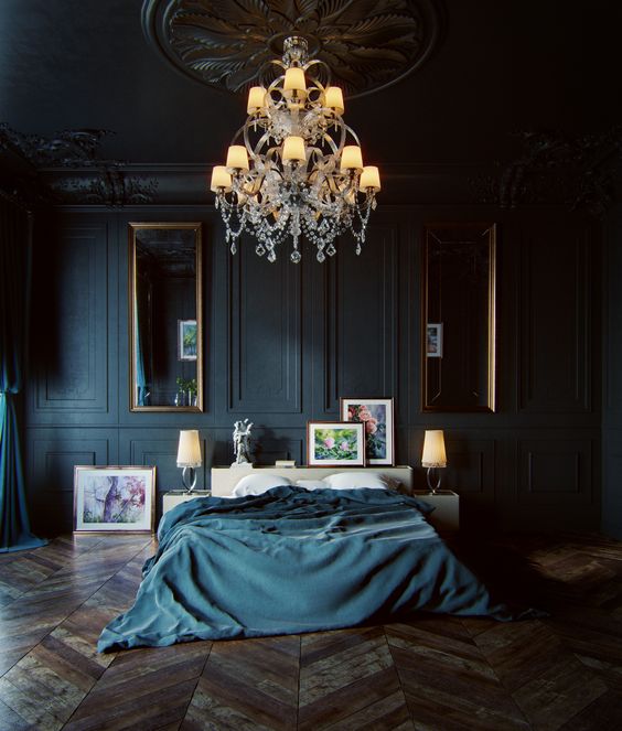 Crystal Chandelier Adds Opulent Sparkle to Dark Ceiling
