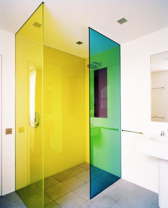 Yellow and Green Glass Panels Create a Bold Shower Enclosure