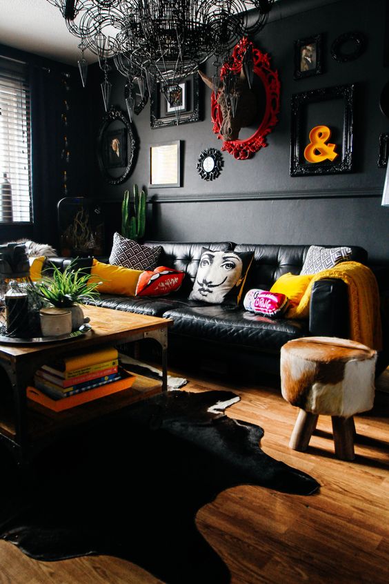 Statement Pillows That Add Whimsical Personality to a Black Sofa