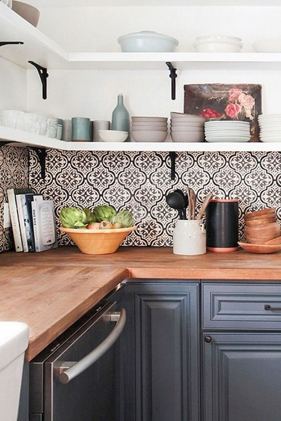 Black and White Tile Backsplash Adds Patterned Depth