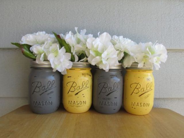 Alternating Grey and Yellow Mason Jars for Flower Arrangements