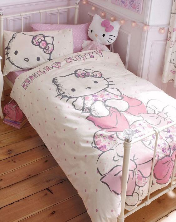 Hello Kitty Bedding Adds Sweet Character to a White Metal Frame