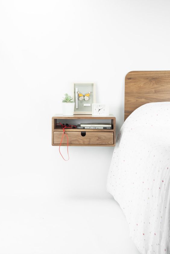 Floating Walnut Nightstand With Integrated Drawer and Open Compartment