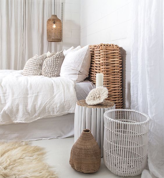 Rattan Headboard Adds Natural Texture Beside Bed