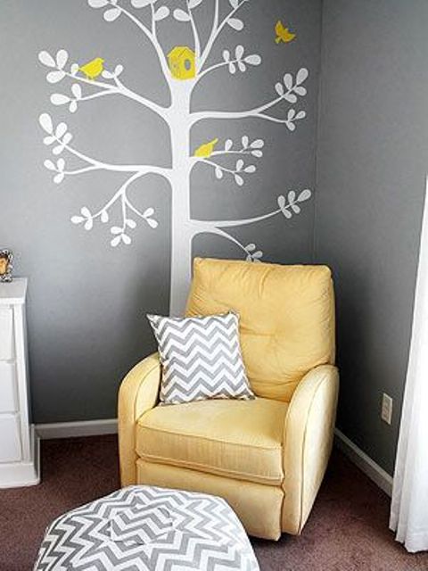 White Tree Decal With Yellow Birdhouse Adds Whimsy