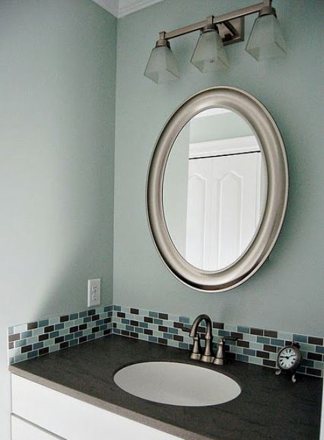 Subway Tile Backsplash with Mixed Blue and Gray Accents