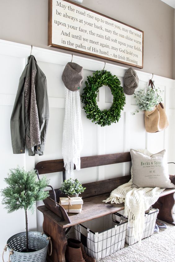 Wooden Bench With Wire Baskets Creates Cozy Entryway Storage