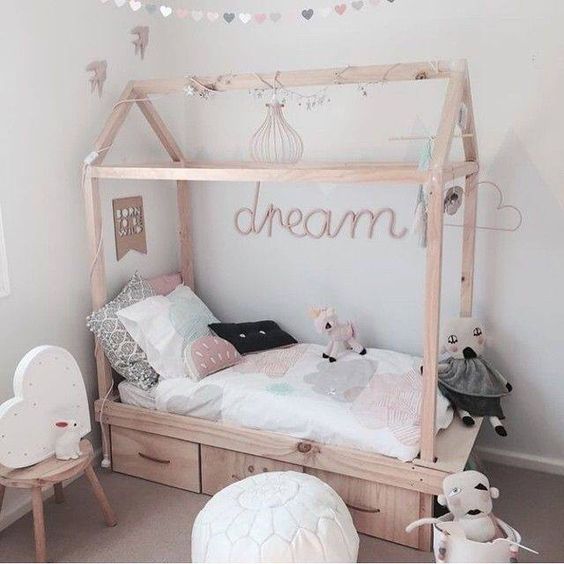 Wooden House Bed Frame With Built-In Storage Drawers