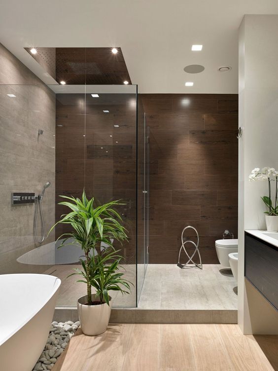 Introduce Life with a Tall Green Plant Next to the Soaking Tub