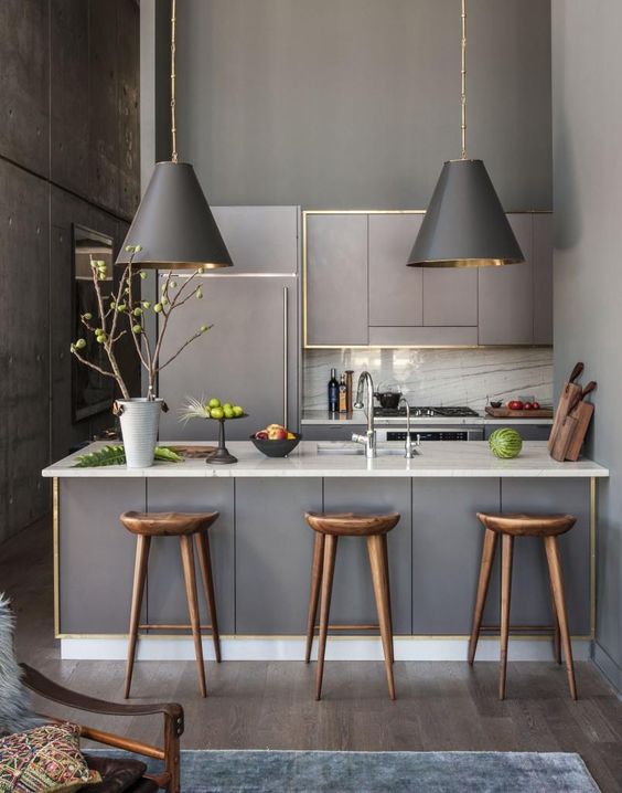 Matte Gray Cabinets with Thin Gold Trim