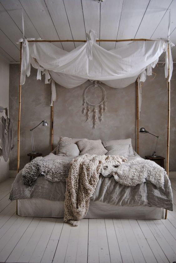 Bamboo Canopy Frame With Tied White Drapes