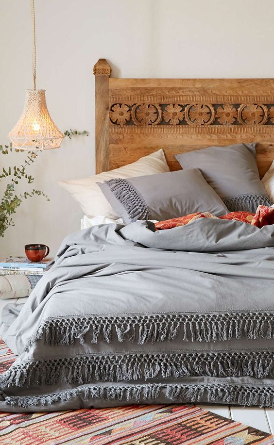 Layered Grey Duvet with Multiple Rows of Fringe