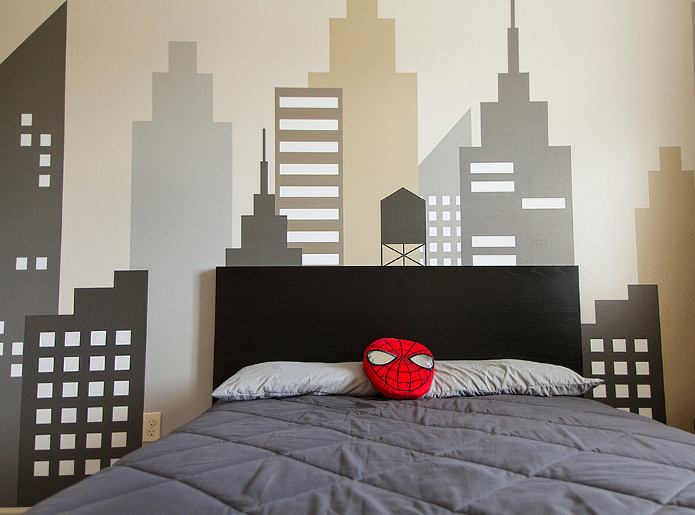 Cityscape Mural Adds a Dramatic Backdrop for Bed