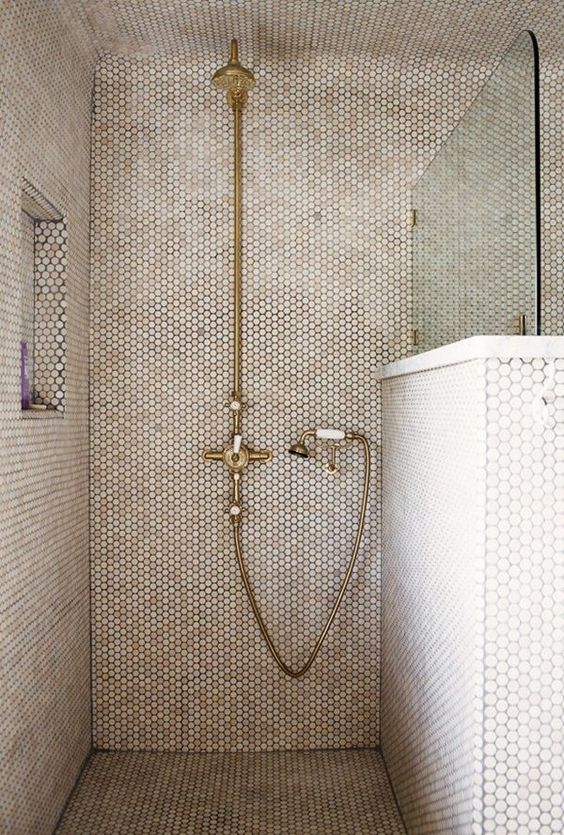 Brass Fixtures Complement Tiny White Penny Tile Shower Walls