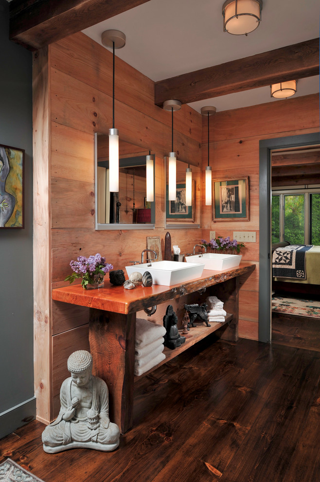 Live-Edge Wood Vanity With Built-In Open Shelf