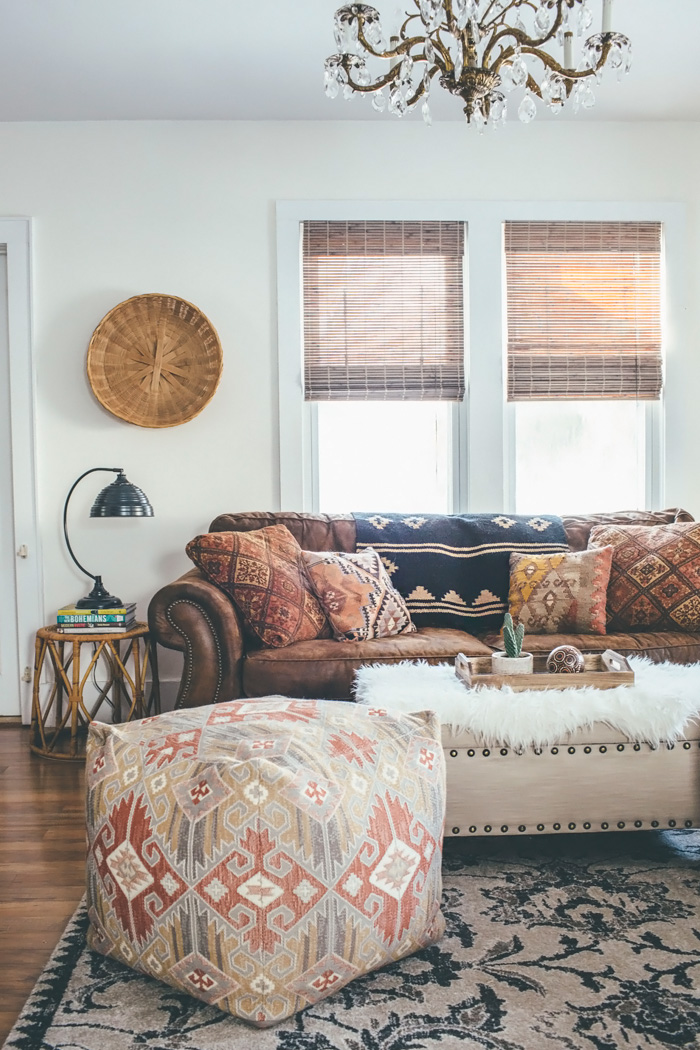 Place a Woven Cube Pouf for Geometric Seating