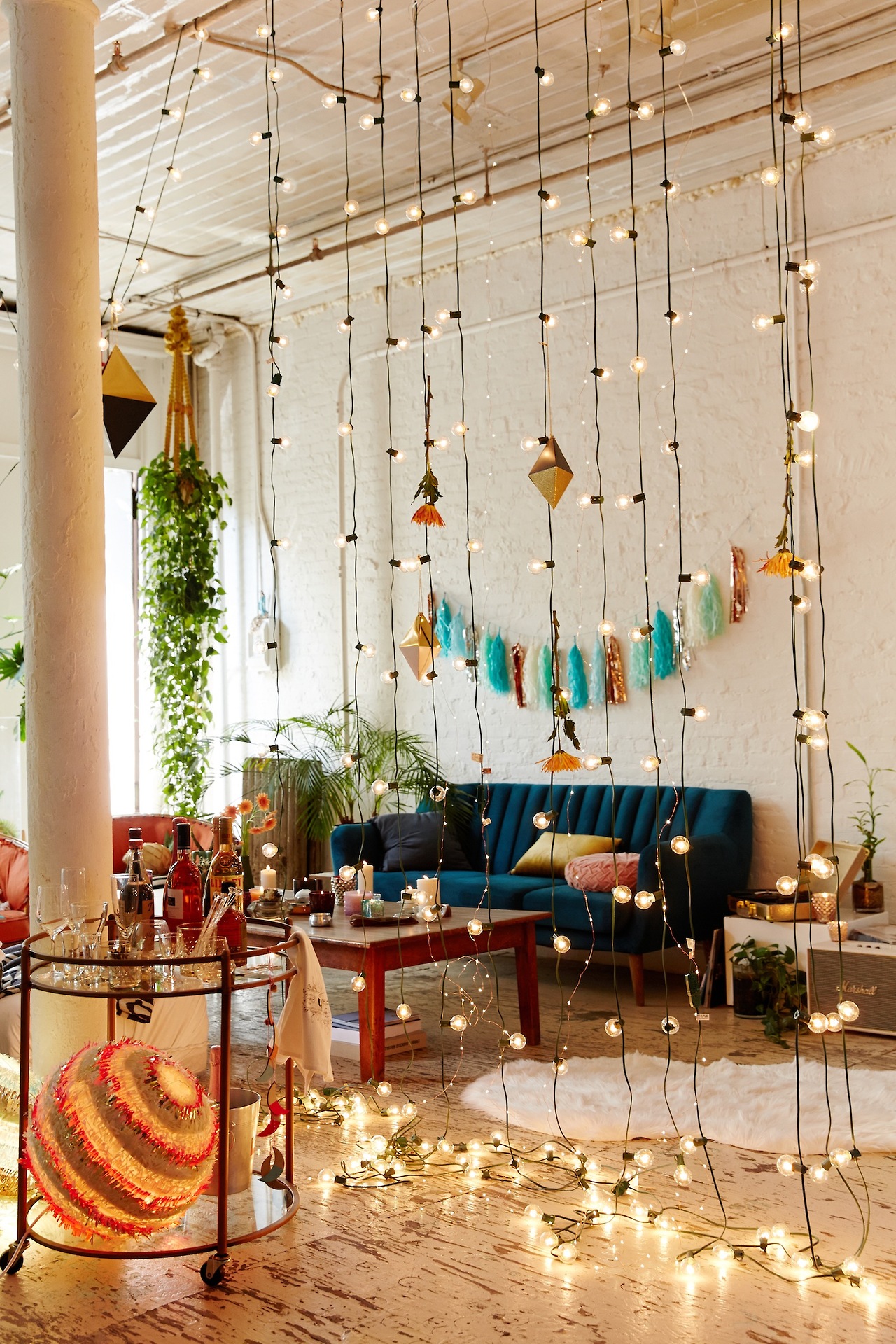 Cascading String Lights Create a Whimsical Curtain