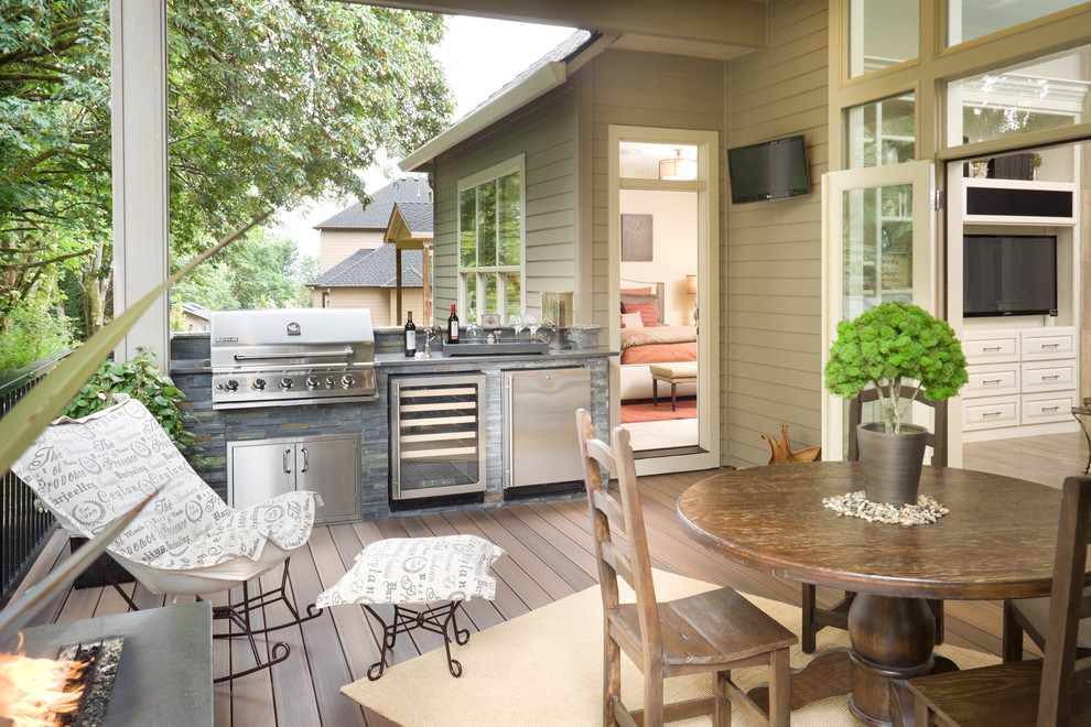 Round Wood Table Anchors Outdoor Dining Area