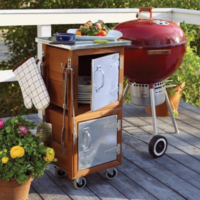 Wooden Cart With Metal Doors For Outdoor Kitchen Storage