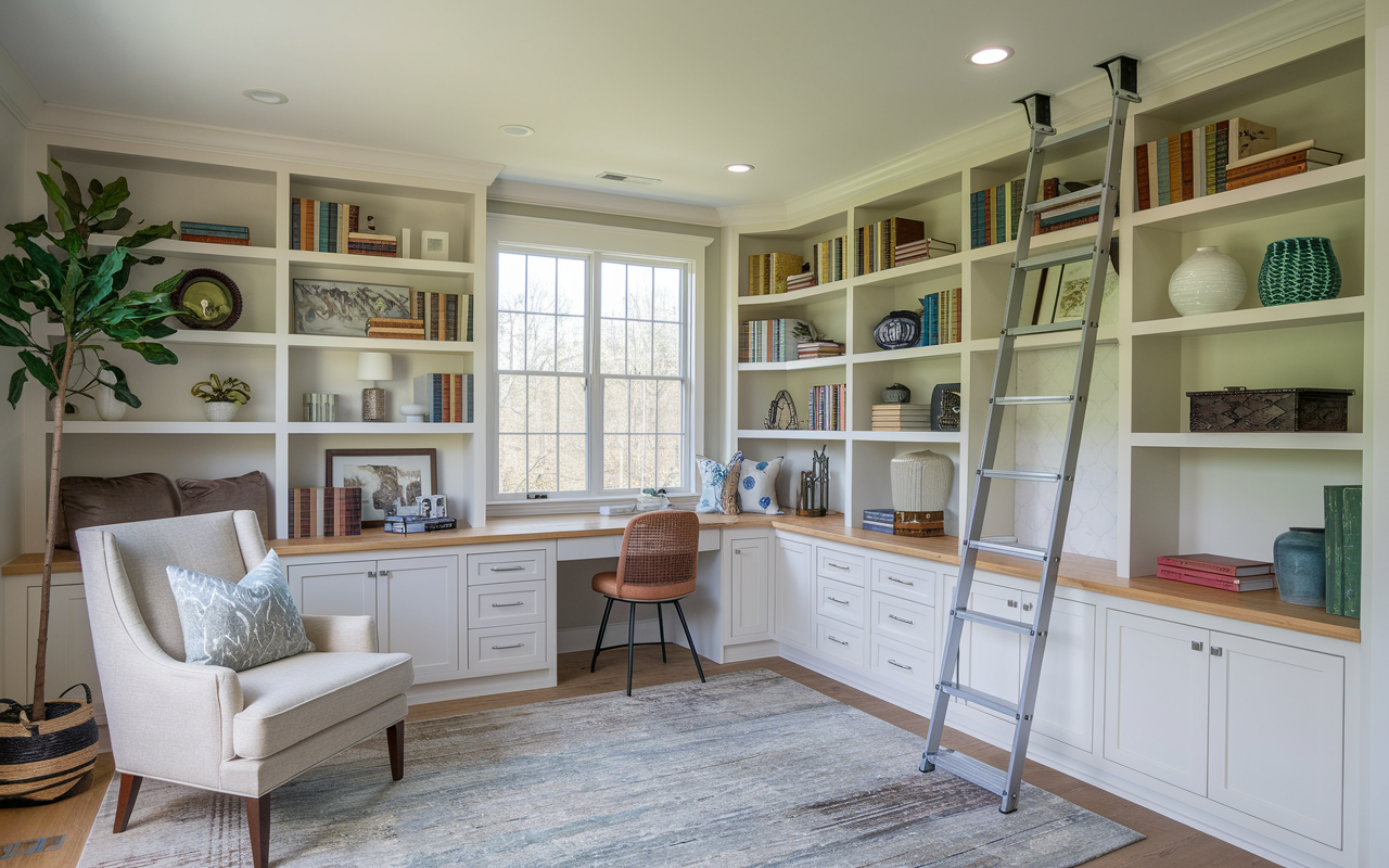 Tall Bookshelves with a Rolling Ladder for Easy Access