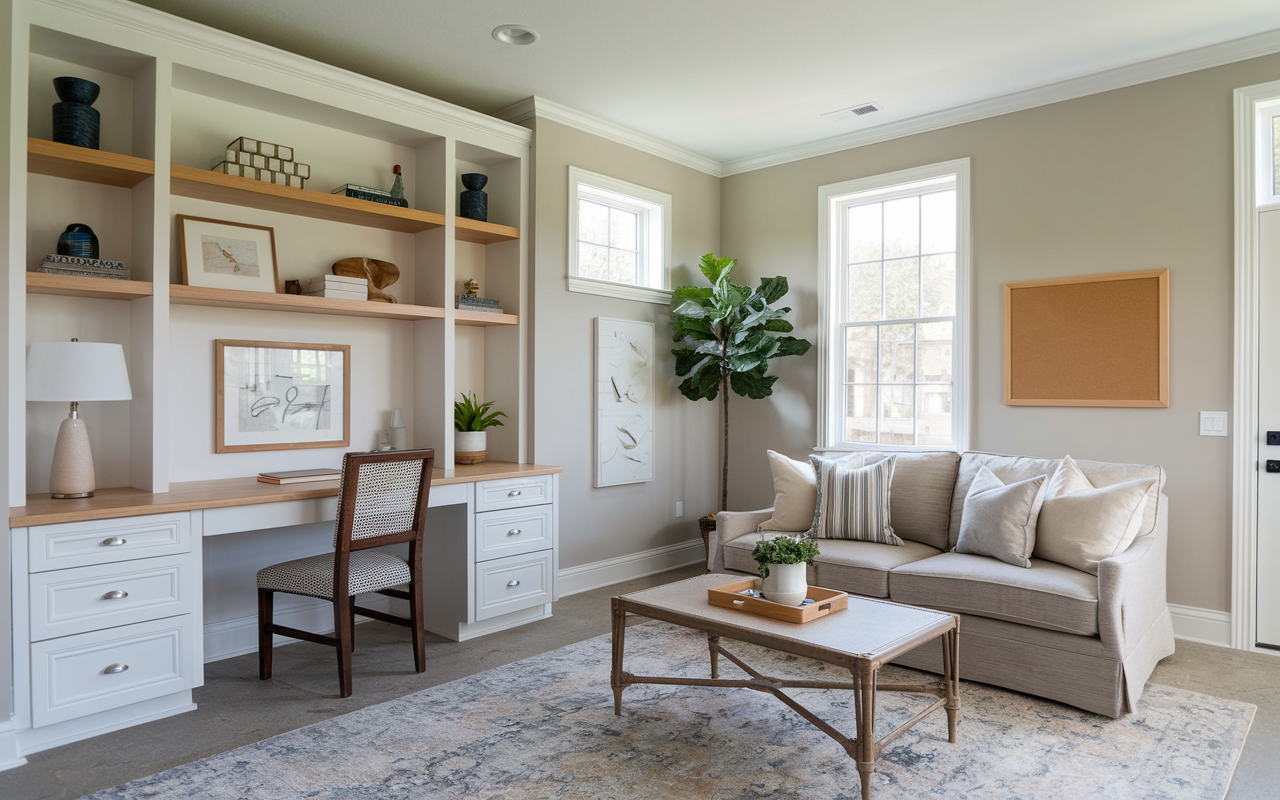 Built-in Desk with Open Shelving Creates a Functional Workspace