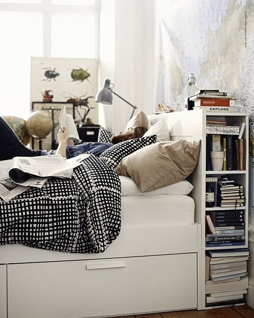 White Bed Frame With Integrated Shelving and Drawers