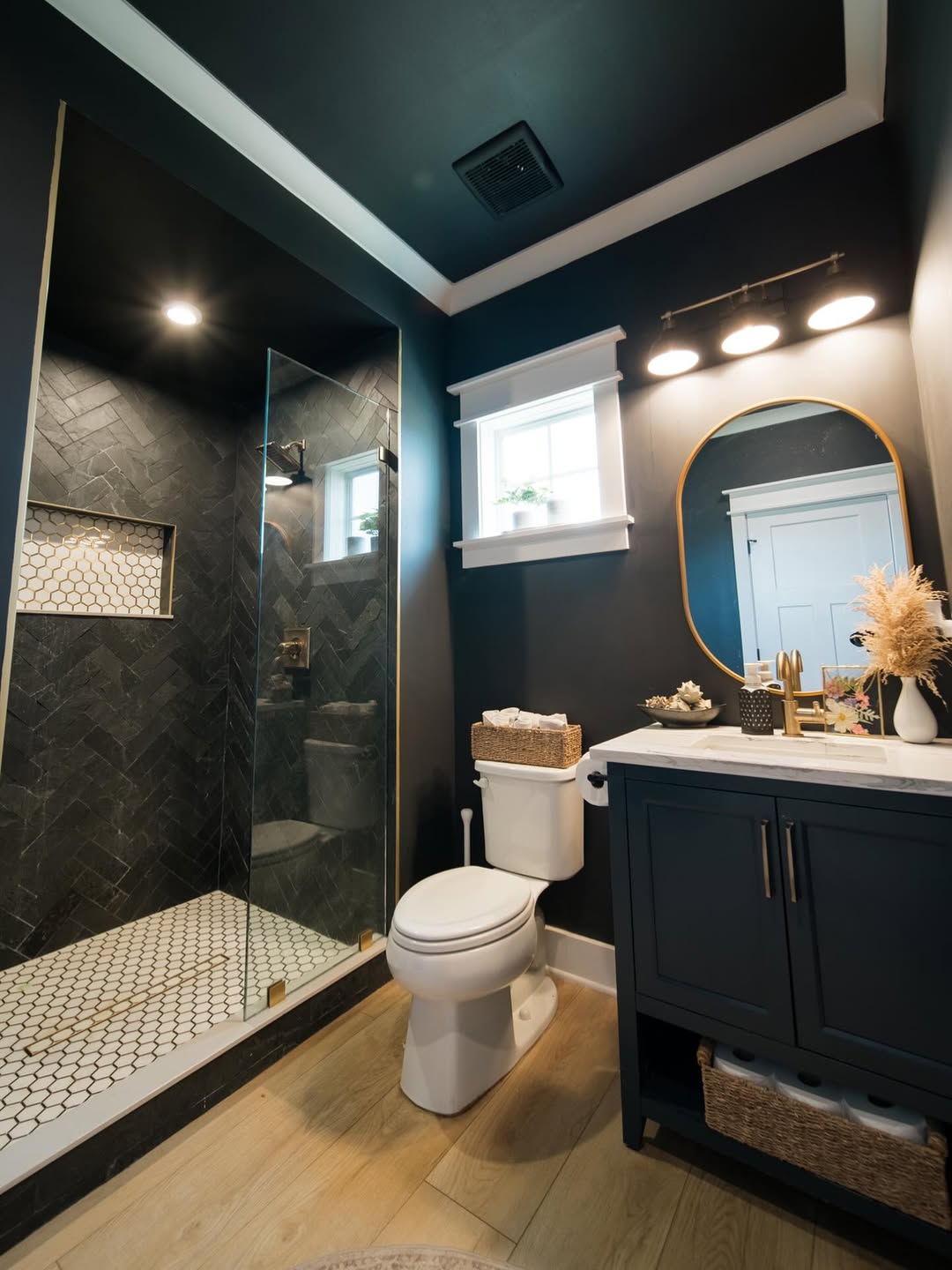Dark Herringbone Shower Tile With Hexagon Floor