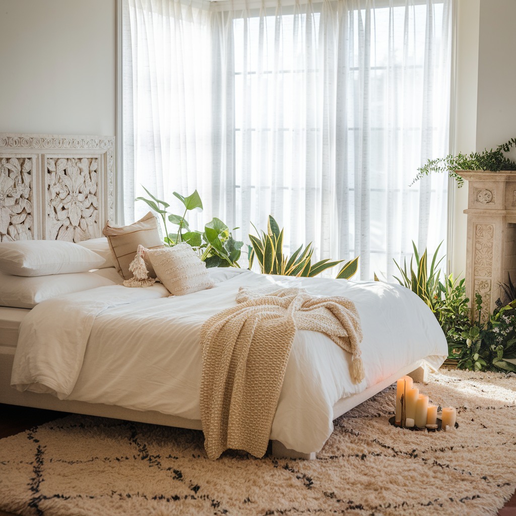 Carved Wooden Headboard Adds Artisanal Detail Above Bed