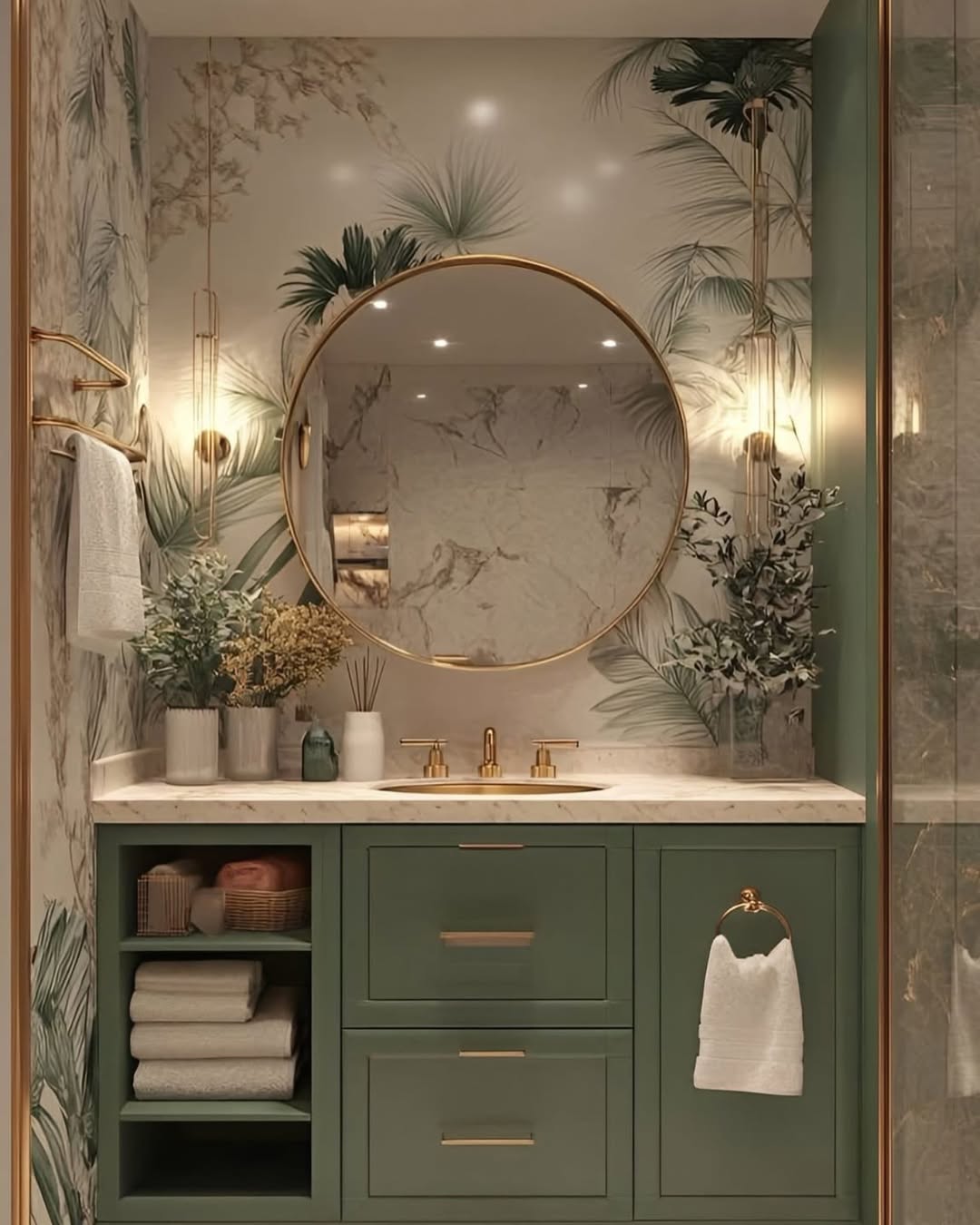 Green Vanity With Open Shelves For Storing Folded Towels